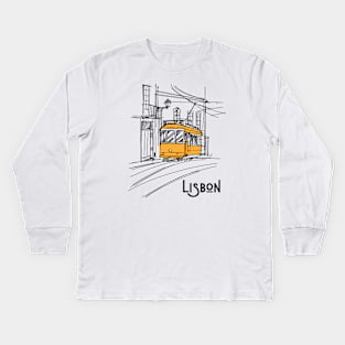 Lisbon City Portugal Hand Drawn Yellow Train Travel Lover Kids Long Sleeve T-Shirt